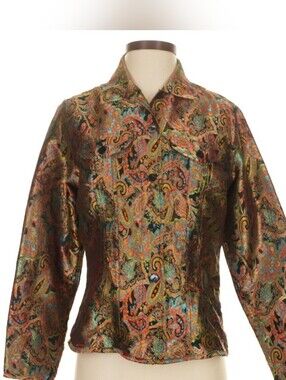 Chico's Metallic Paisley Shirt Jacket in Teal, Copper, Gold